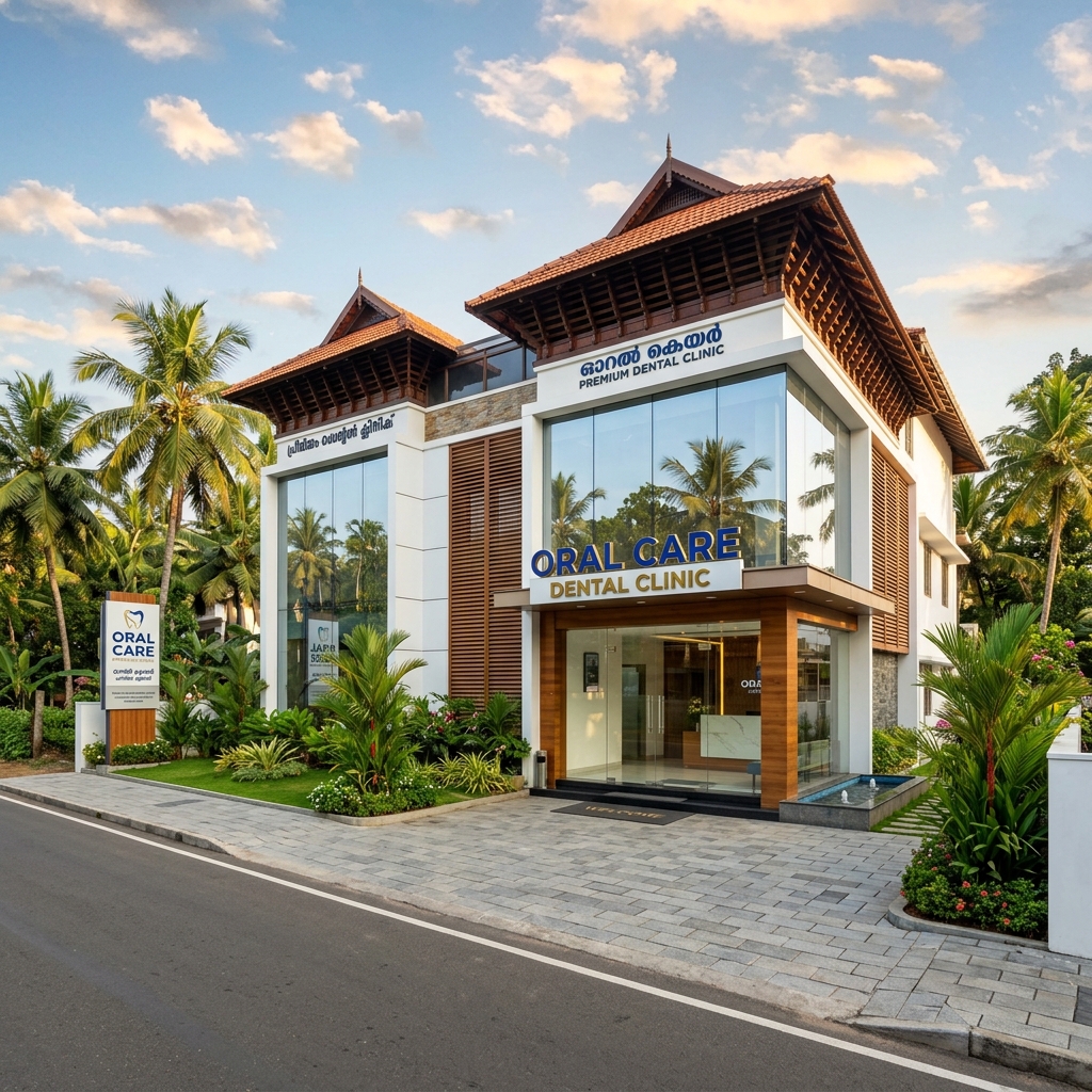 Modern Park Dental Clinic building exterior with glass facade and tropical greenery in Kochi