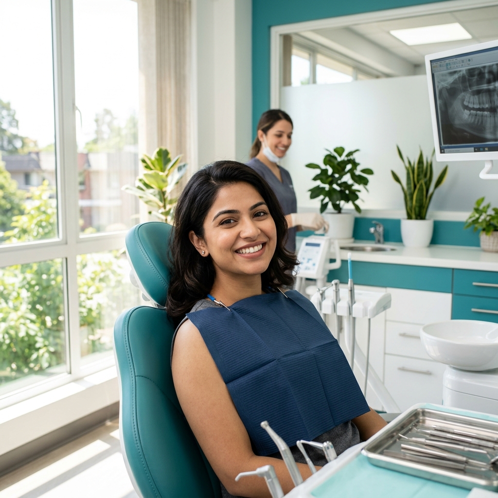 Happy patient smiling in a modern dental clinic with natural lighting and teal decor