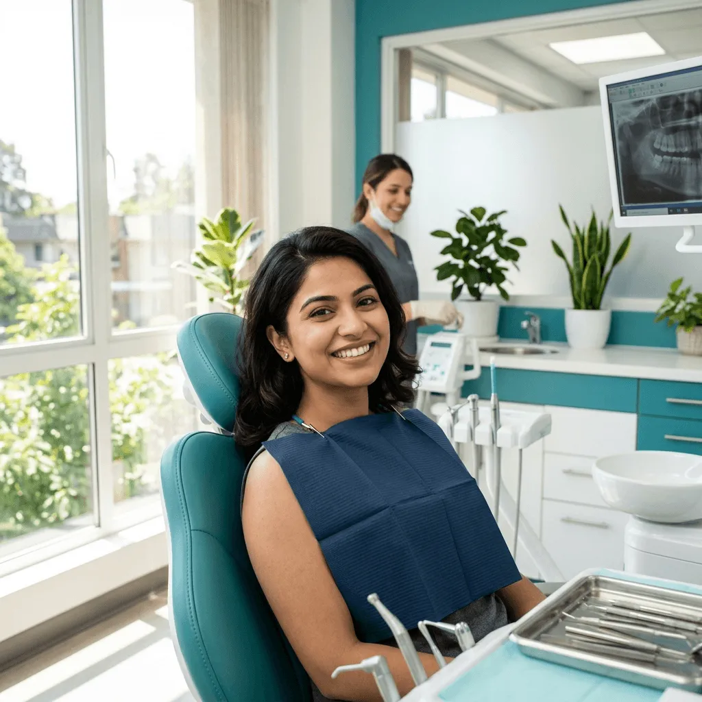 Happy patient smiling in a modern dental clinic with natural lighting and teal decor